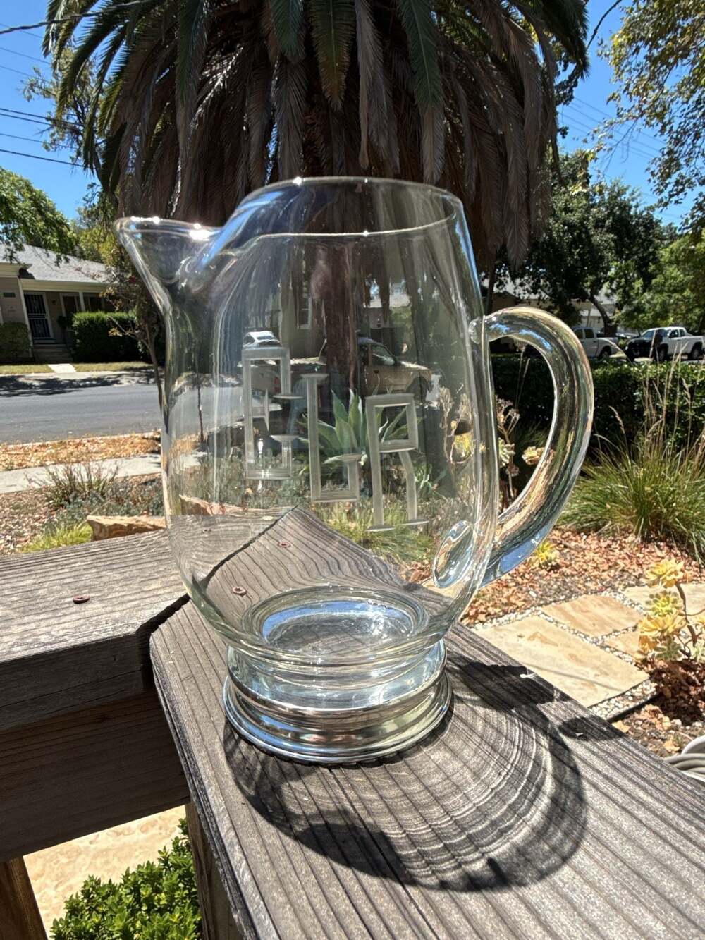 Vintage Clear Glass Pitcher with Etched Monogram ELR and Silver-Tone Base